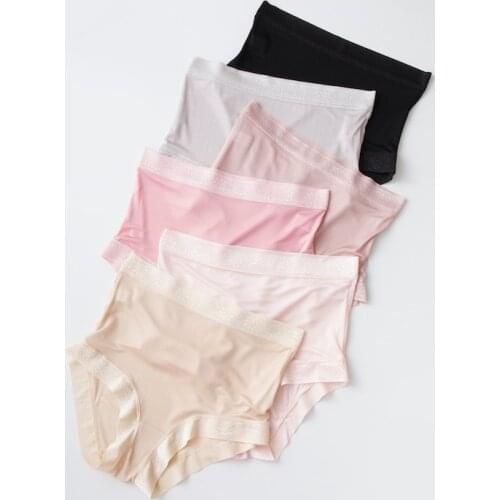 Top silk panties female breathable comfortable antibiotic lace slim hip seamless mid waist boxer sexy underwear women
