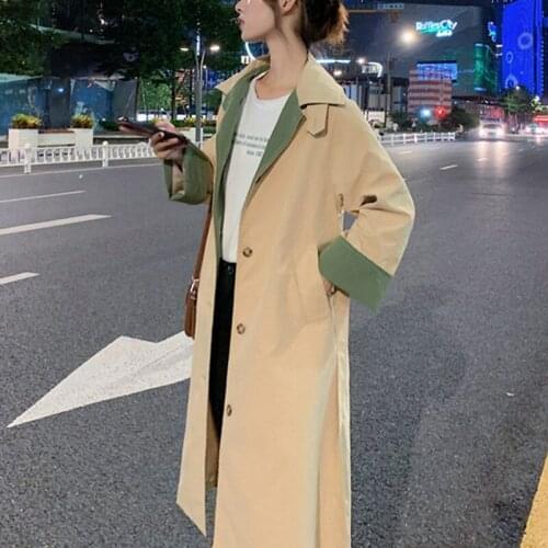 Mid-Length Trench Coat Female 2021 Spring Autumn New Korean Fashion Loose Contrast Stitching Windbreaker Overcoat Woman A633