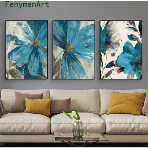 Vintage Blue Paint Flowers Canvas Painting Abstract Poster Blooming Life Botanical Print Wall Art Picture For Living Room Decor