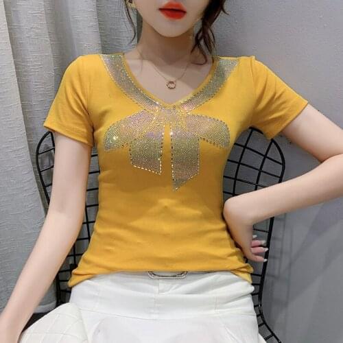 2021summer Casual T-shirt Fashion Diamond-studded beauty back V-neck Short sleeve Top Women T Shirt Plus Size S-3XL