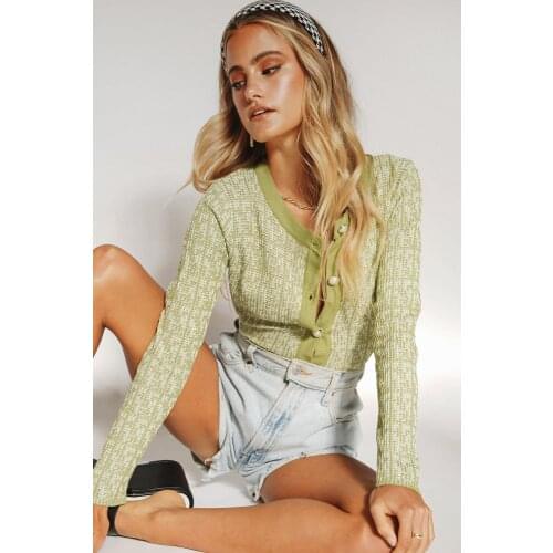 Women knitted cardigan single breasted o-neck full sleeve cropped cardigan sweater patchwork women cardigan crop top solid green