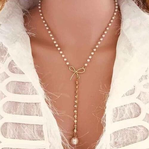 Bow Imitation Pearl Crystal Pendant Choker Necklace Woman Girl Collar Chain Necklace Crystal Butterfly Choker Girl Jewelry