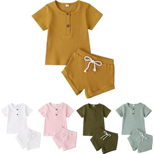 Baby Summer Clothing Set Newborn Baby Girl Outfit Unisex Knitted Short Sleeve T Shirt and Shorts 2 Packs Set Infant Girl Clothes