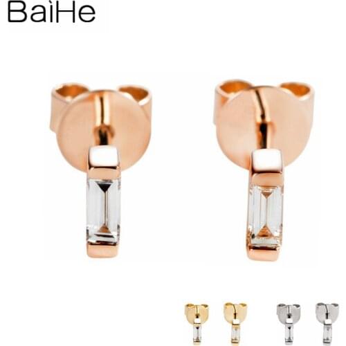 BAIHE Genuine Solid 14K Rose/Yellow Gold 0.12ct H/SI Natural Diamonds Trendy Fine Jewelry Man Baguette Earrings Women Cерьги