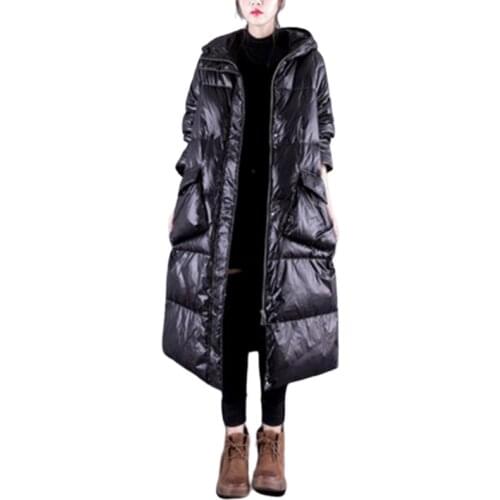 Black Glossy Jacket Coat Winter Warm Down Parka Jacket Woman White Duck Down Coats Winter Loose Down Overcoat Womens Hooded Coat