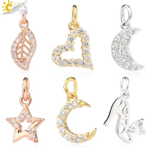CSJA Heart Moon Charms for Jewelry Making Gold Silver Color CZ Earrring Keychain Necklace Charms Rhinestone Crystal Pendant S758