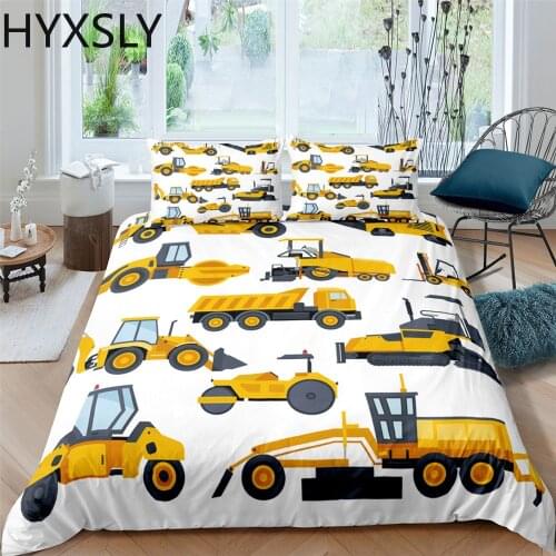 Excavator Tractor Comforter Cover Cartoon Machinery Bulldozer Car Pattern Bedding Set For Kids Boys Duvet Cover With Pillowcase