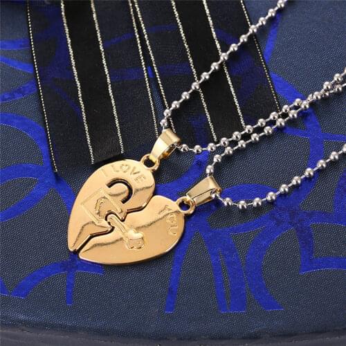 HTZZY 2021 New Fashion Couple Necklace for Women and Men Two Pieces of Golden Heart Stitching Pendant Necklace 2Pcs/set