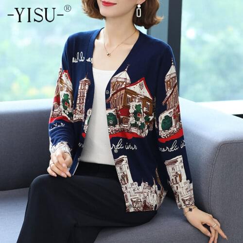 YISU Woman clothing wool Cardigan V-Neck Cardigan Coat Printing Long sleeve Sweater Spring Autumn Tops Knitted Coats Female