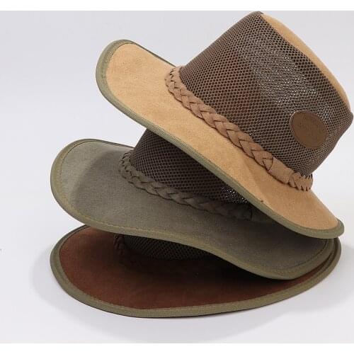 Summer Man Cowboy Hats Casual Style Suede Breathable Mesh Labeling Decoration Large Brim Sunshade Outdoor Travel Cool Caps