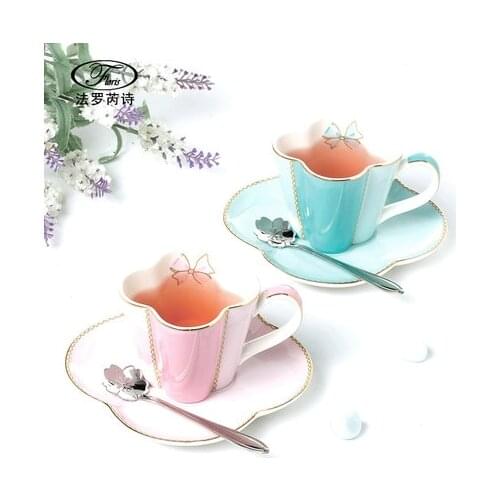 Ceramic Coffee Cup And Saucer Four Leaf Clover Design Porcelain Set With Stainless Steel 304 Spoon Afternoon Tea Drinkware