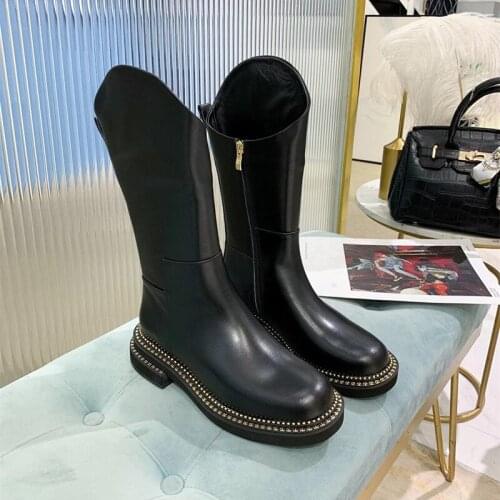 Classic Black Boots Women Genuine Leather Shoes Woman Slip On Botas Mujer Casual Round Toe Female Boots Low Heel Ladies Shoes