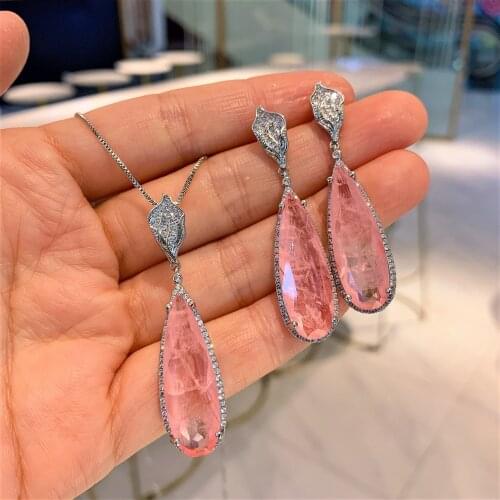 QTT 925 Sterling Silver Jewelry Set Pink High Quality Stones Cubic Zirconia For Women Brilliant Earrings Pendant Necklace 10*30
