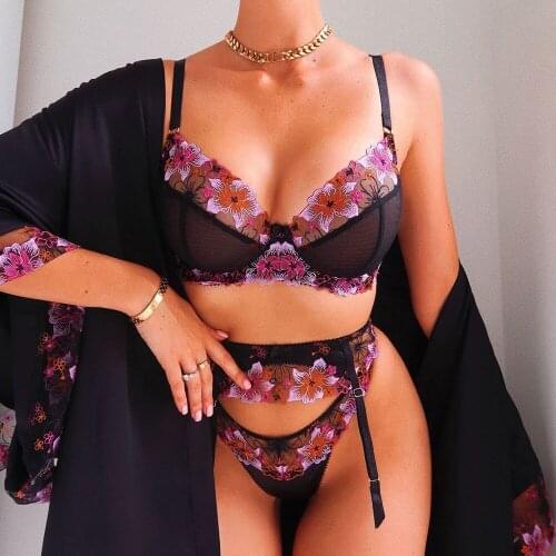 3 Pieces Set Women Sexy Lingerie Floral Embroidery Underwear Perspective Sensual Lingerie Erotic Costumes Bra and Thong Garters