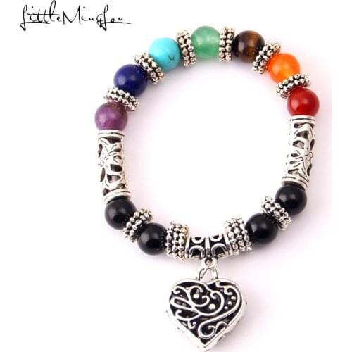 Little Minglou 7 Chakra Bracelet Healing Heart Charm Bracelets Wrist Mala Beads stone Yoga Bracelet Chakra woman Jewelry
