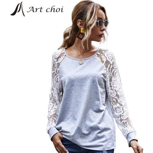 Fashion Spring Autumn Women T-Shirts Mesh Patchwork Design Lace Decor See Through O-Neck Long Sleeve Solid Pullovers Tops Blusas