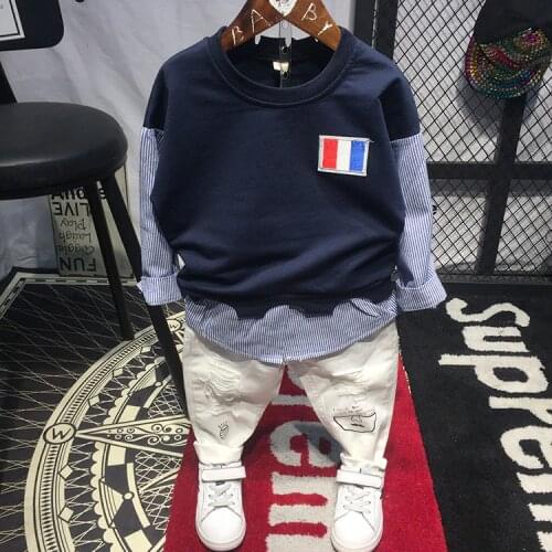 2018 New Baby Boys Clothes Spring Stripe T Shirt Boys Sweatshirt Fake Two Pieces Patchwork Stripe Pullovers Tees Casual T Shirt