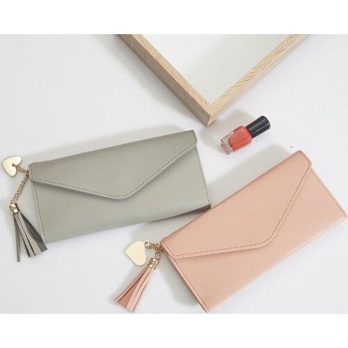 2021 New Womens Korean-Style Cute Tassels Long Wallet Zipper Leather Female Purse ID Card Bag