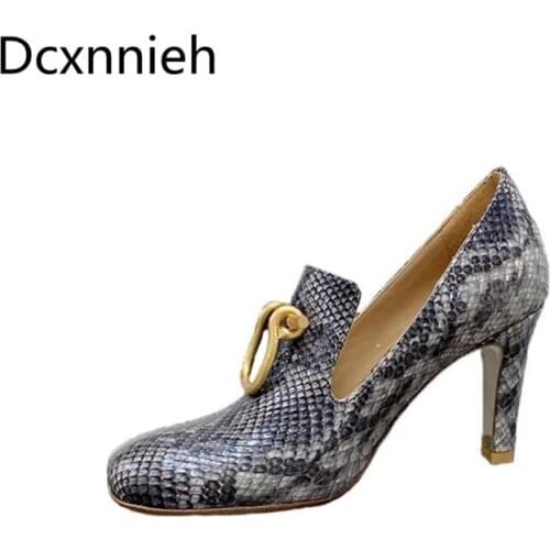Fall Crocodile Pattern Leather High Heels Shoes Woman Runway Horseshoe Buckle Pumps Ladies Spike Heels Designer Shoes For Women