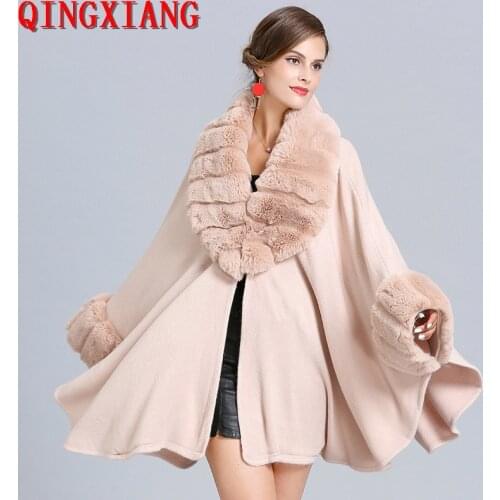 2019 Fashion Solid Cloak Knitted Shawl Women Capa Grande Big Faux Fox Fur Trim Collar Loose Long Batwing Sleeves Poncho Cape