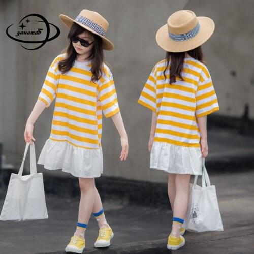 100% Cotton Kids Knee-length Dress Summer Girls Dresses Clothing Short Sleeve A-line O-neck Collar Striped Childrens Clothes Y4