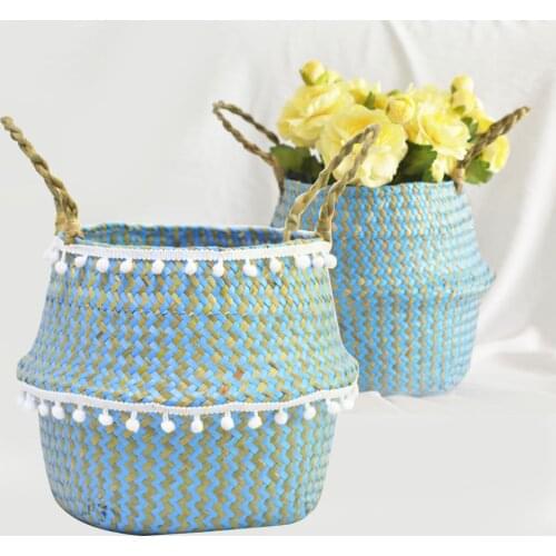 Seaweed Wicker Basket House Decorative Storage Baskets Tassel Blue Lattice Bellied Basket Foldable Laundry Baskets Container