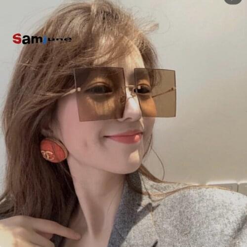 Samjune Luxury Oversized Rimless Square Sunglasses Women Trendy Fashion Ladies Retro Glasses Sexy Red Brown Tinted Color Lens