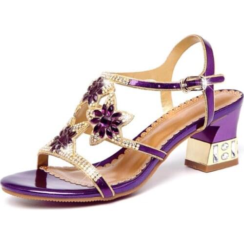 Fashion Sandals Female New Summer high-heeled womens sandals one word buckle rhinestone thick with fish mouth Women shoes q57