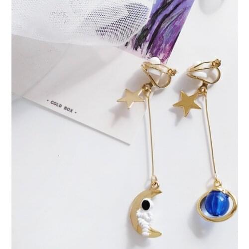 Pink Blue Planet Earrings Clip On Long Dangle Star Sky Man Pendant Asymmetrical Earing Non Pierced Ears Jewelry For Women Ladies
