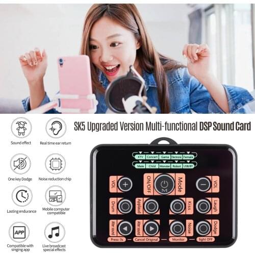SK5 Upgraded Version Multi-functional DSP Sound Card Voice Changer with 8 Changing Voices 5 Atmosphere Effects Wireless BT