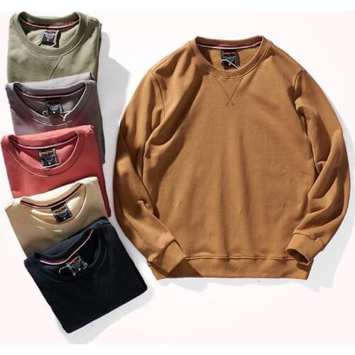 American Retro Heavyweight Terry Hoodies Mens Pure Cotton Washed Old Round Neck Pullover Knitted Long-sleeved Casual Sportwear