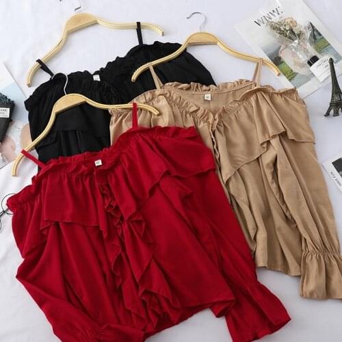 2021 Autumn Women Off Shoulder Flare Sleeve V-Neck Strap Basic Shirt Casual Slim High Waist Pullover Chiffon Ruffles Blouse Tops