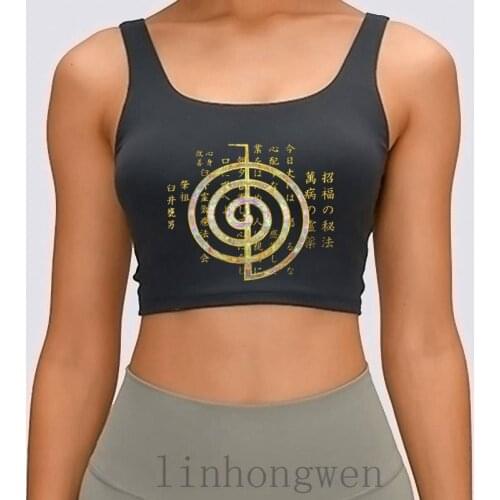 Gold Choku Rei Symbol And Reiki Precepts Women Tank Top Slim Round Neck Interesting Create New Fashion Solid Color Crop Top