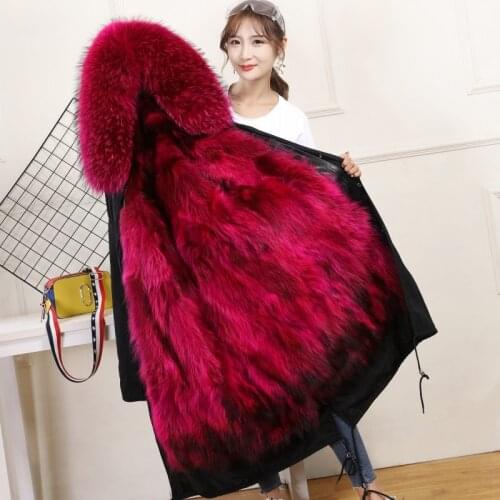 Women Fur Parka Natural Large Raccoon Fur Collar Hooded With Detachable Fur Liner Winter Long Fur Parka