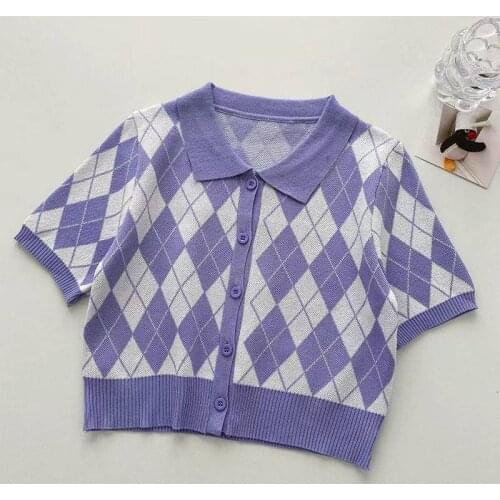 2021 Summer Argyle T Shirt Vintage Plaid Black Knitted Turn Down Collar Button Up Ladies Tees Sexy Short Sleeve Crop Tops