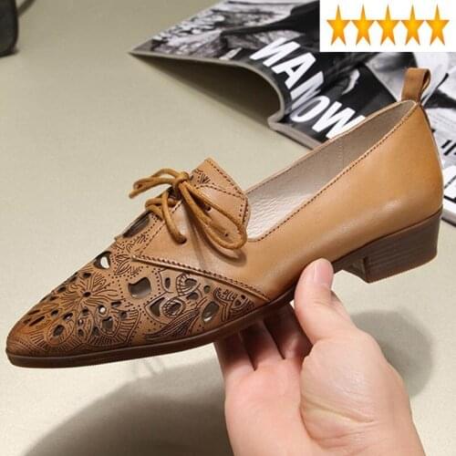 Wing Women 2021 Tip New Brogue Vintage Lace Up Pointed Toe Flats Female Summer Casual Hollow Out Genuine Leather Shoes