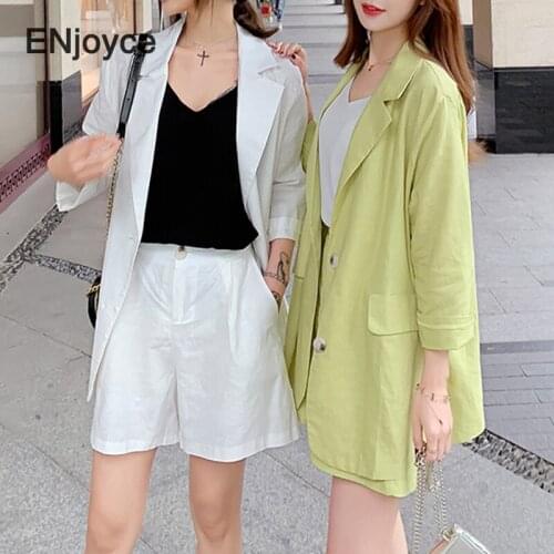 Summer Women' Suit 3 Piece Set Avocado Green Blazers Tank Tops High Waist Wide Leg Shorts Outfit Half Sleeve Woman Suits Set
