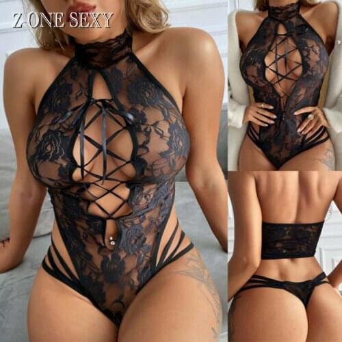 Womens underwear European and American new sexy underwear sexy lace hollow out bandage perspective cat girl Jumpsuit lingerie