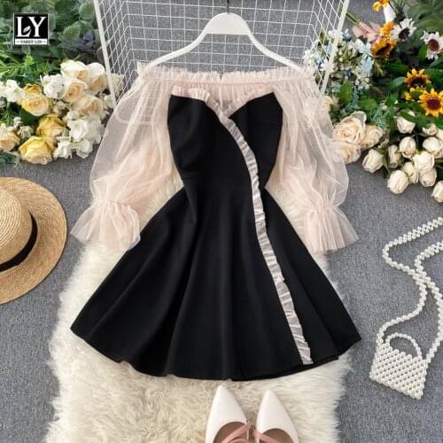 LY VAREY LIN New Spring Autumn Women Elegant Slash Neck Off Shoulder Tulle Patchwork Puff Sleeve High Waist Party Dresses