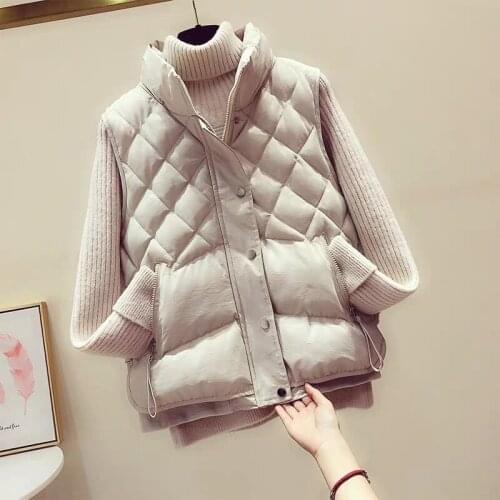 MUMUZI Winter warm Womens Vest loose Plaid Down Cotton wadded Coats Slim Zipper Waistcoats Beige Sleeveles Parkas Female