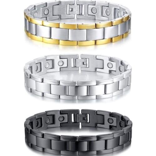 12mm 8.26'' stainless Steel Mens Bracelet Healthy Magnetic Stone Bracelet 53g free shipping