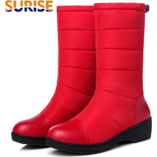 2021 Big Size Winter Women Snow Boots Round Toe Warm Fur Red Black Down Casual Travel Lady Slip-on Wedge Platform Mid-calf Boots