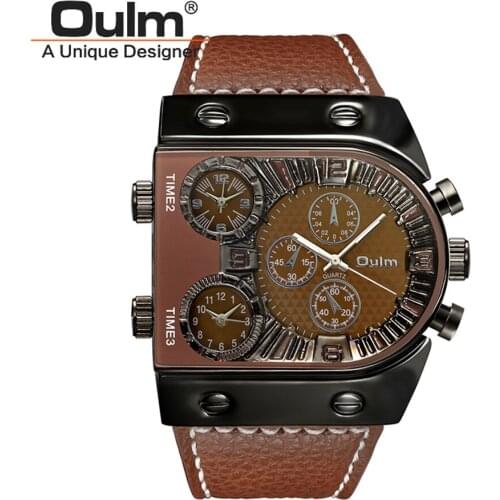 Mens Watches Top Brand OULM Fashion Design Leather Band 3 Time Zone Casual Quartz Watch for Big Wrist Reloj Hombre Grande Moda