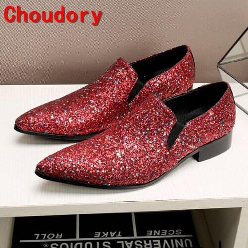Choudory men leather dress shoes red wedding velvet loafers slippers hidden heel shoes for men pointy slipon sapato social