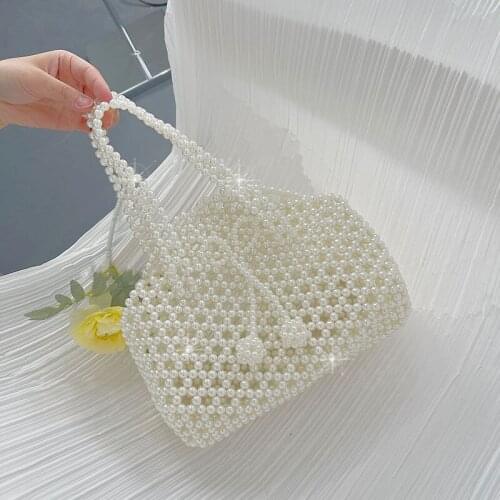 Elegant Female Handbag, Large Capacity Solid Color Pearls Evening Bag Hollow Out Bucket Bag with Bow Decoration for Women, White
