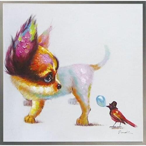 Handmade Picture Wall Art Canvas Abstract Animal Paintings Cute Dog and Bird Cartoon Oil Painting Kids Room Decoration Wholesale