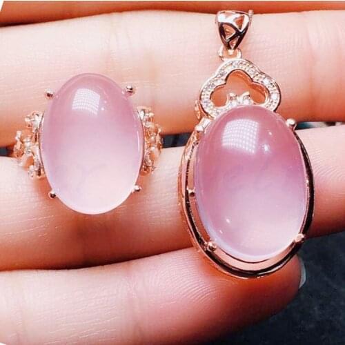 Per jewelry Natural real pink rose quartz jewelry set 1pc 7.5ct ring 1pc 11ct pendant 925 sterling silver Fine jewelry J204622