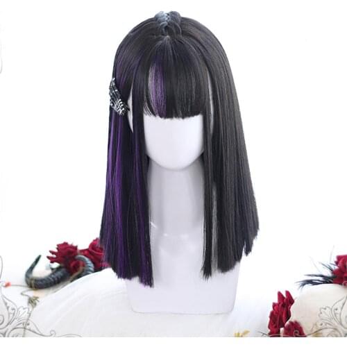 Cosplaymix Lady Lolita 40CM Half Ombre Black Mixed Purple Bangs Bob Medium Straight Halloween Synthetic Party Cosplay Wig+Cap