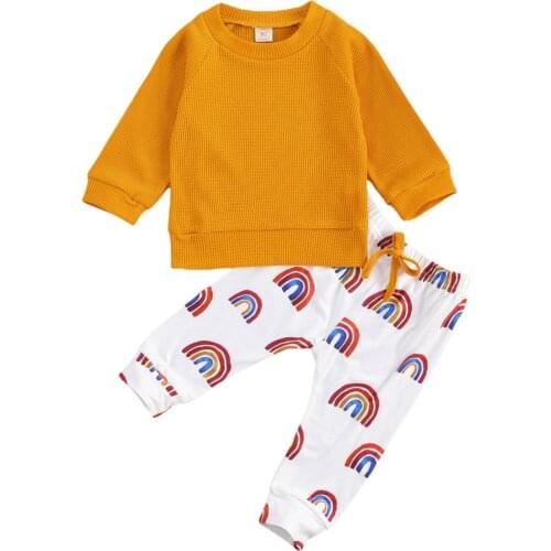Baby Girl Long Sleeve Long Pants Suit, Round Collar Ribbed Shirt Top Rainbow Trouser Two-pieces Set, Cotton Lace-up Clothes