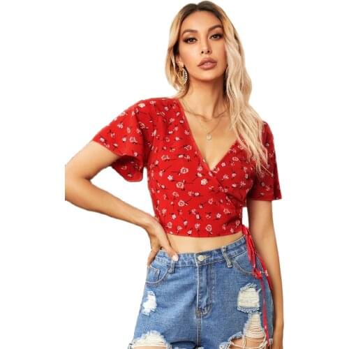 Summer 2021 Deep V Printed Lotus Leaf Sleeves Slim Short Bohemian Style Leggings Fold Edge Leisure Sexy Beach Women 's Top New